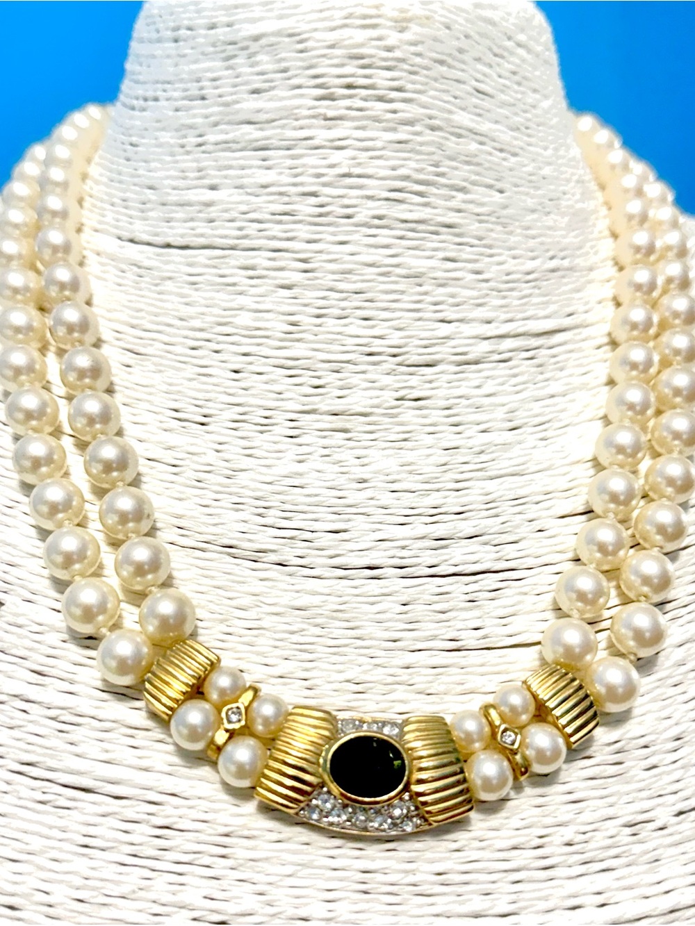 MARELLA Cream Pearl Double-Strand Necklace with Gold and Black Center